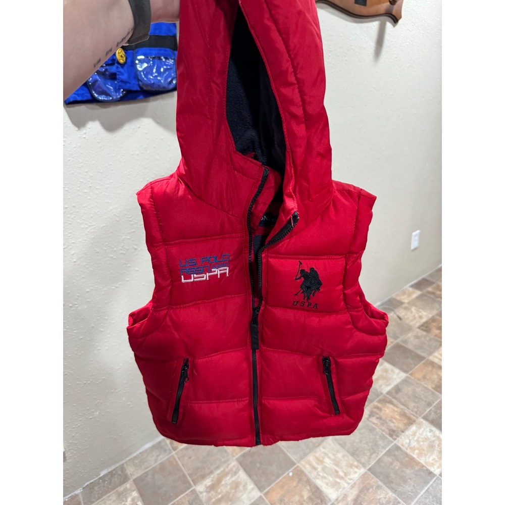 US Polo Assn Kids Red Puffer Vest Hooded Fleece Lined Size 5/6 USPA Zip Up